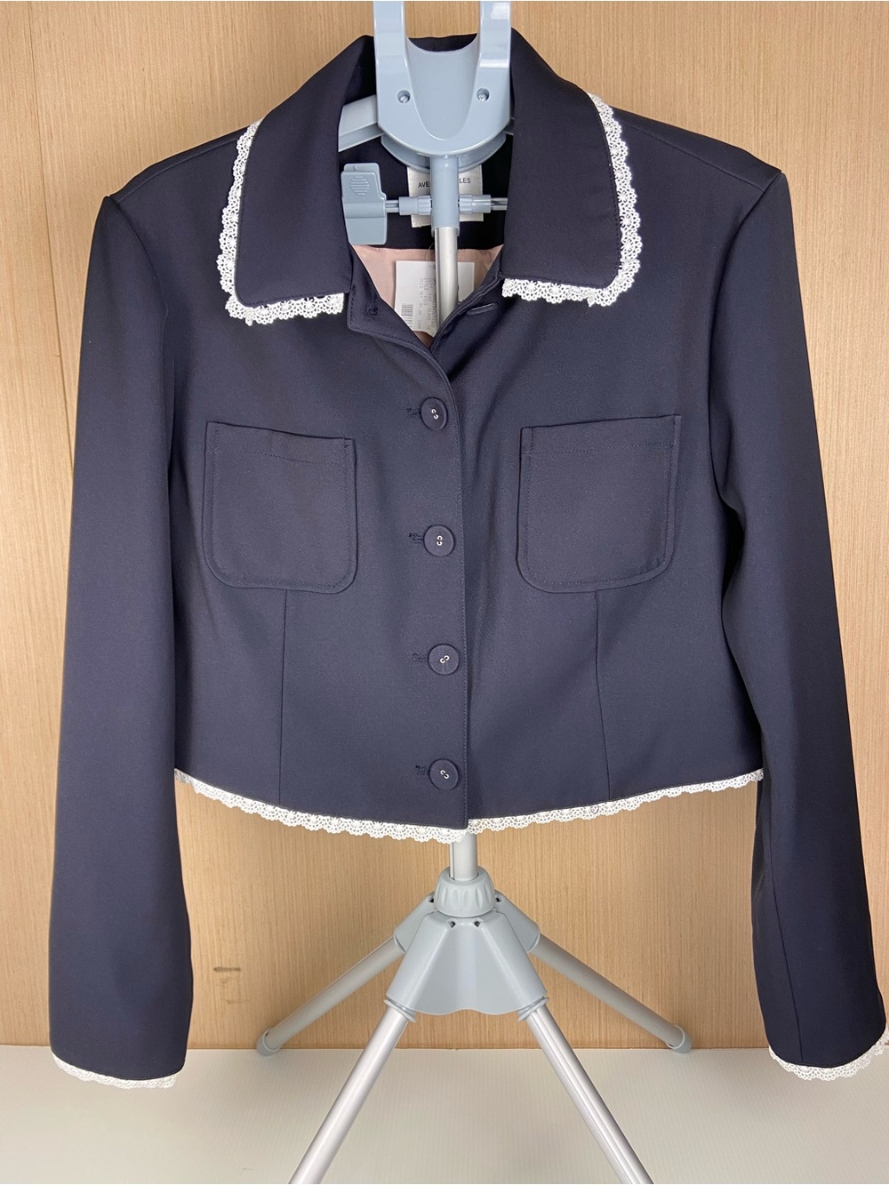 Avec Les Filles Lace-Trim Button-Front Crop Suit Jacket Navy XL NWT